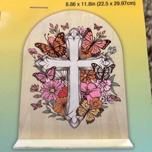 The Spring Shop Paint By Number Cross Butterflies Flowers Wood Craft Kit 11.8"
